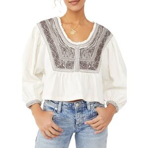 Free People Iggie Embroidered Peplum Cropped Blouse